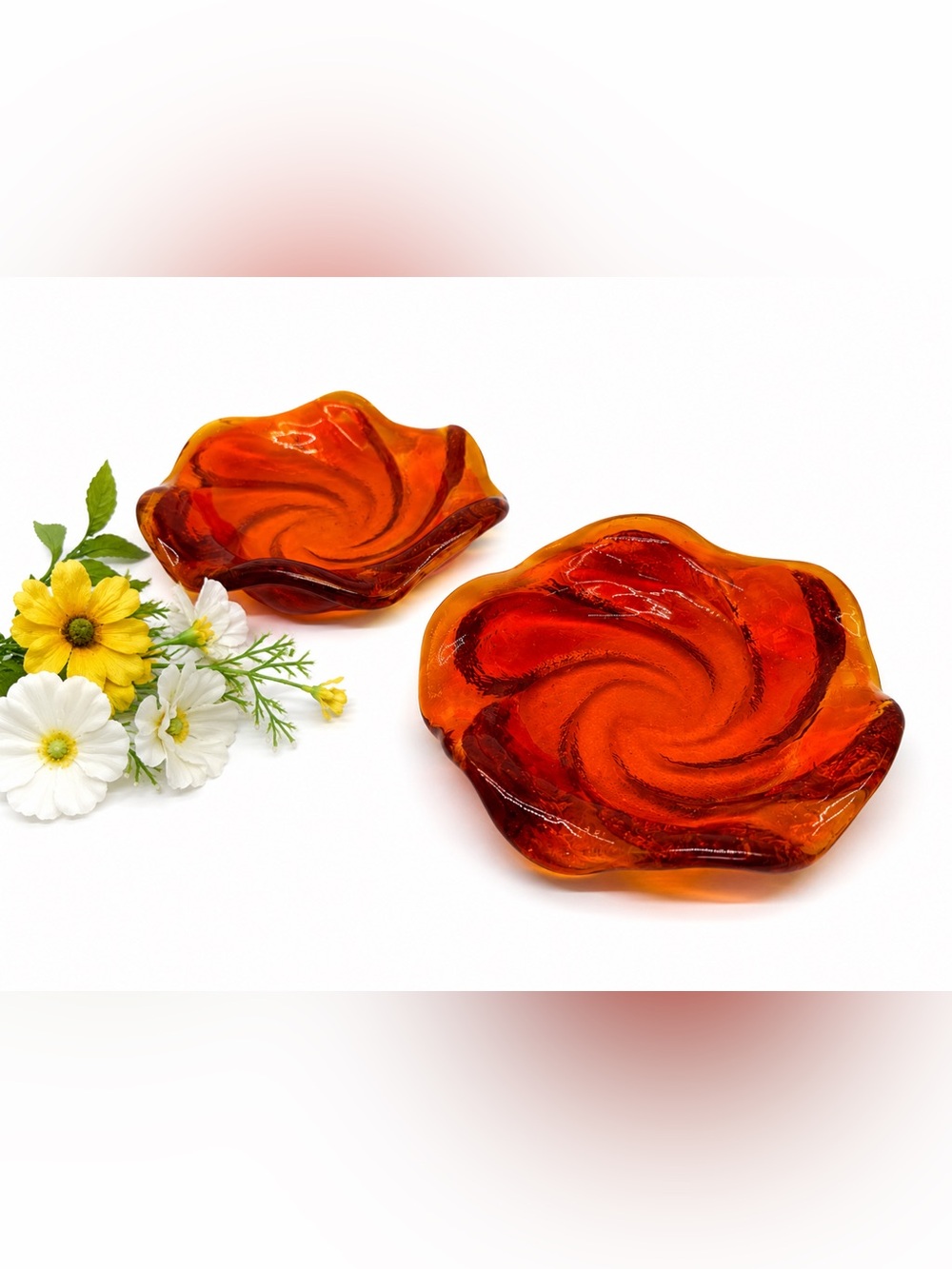 Fenton Amberina Glass Trinket Dishes Set of Two 5 IN Amber Red Orange Vintage